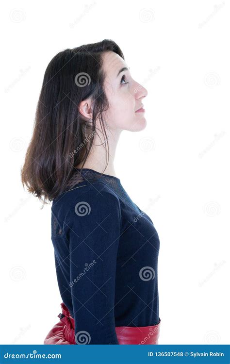 A Portrait Face Side Pretty Woman Looking Up Profile Stock Photo