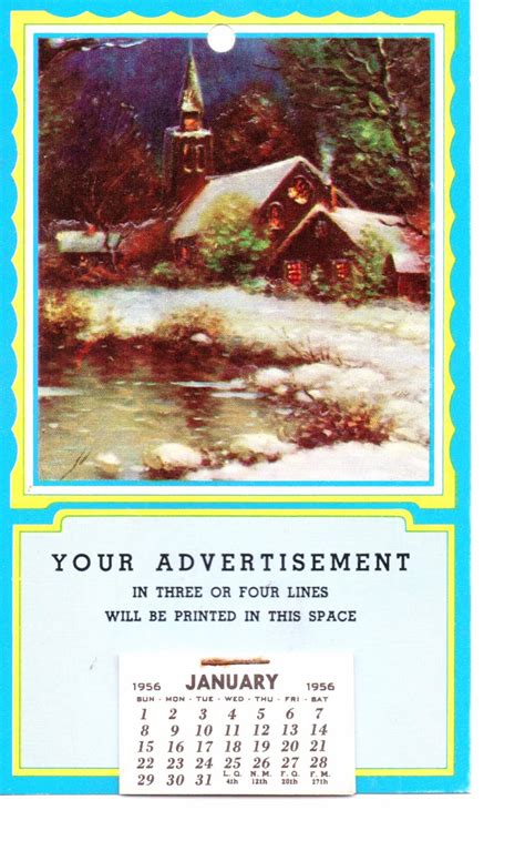 Salesman Calendar Sample Vintage 1956 Holiday Winter Scene