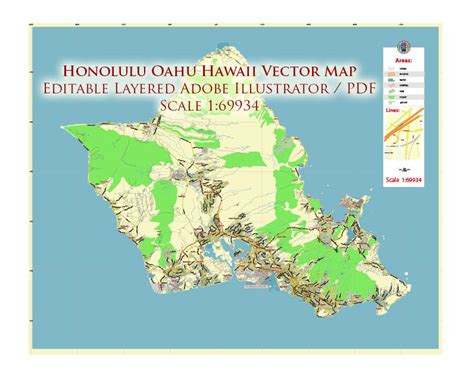 Honolulu Oahu Hawaii Us Map Vector City Plan Low Detailed
