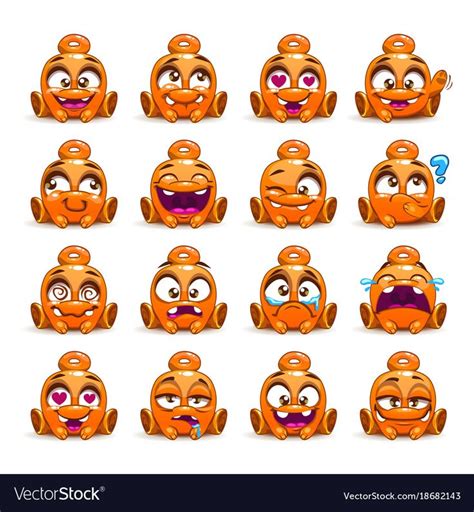 Little Cute Funny Orange Alien With Different Emotion On The Face