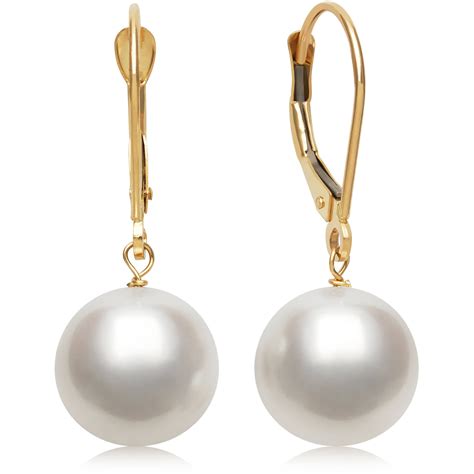 Pearlzzz K Yellow Gold Cultured Freshwater White Pearl Leverback Drop