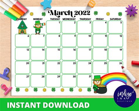 March 2022 Calendar Instant Download Monthly Planner Digital Etsy