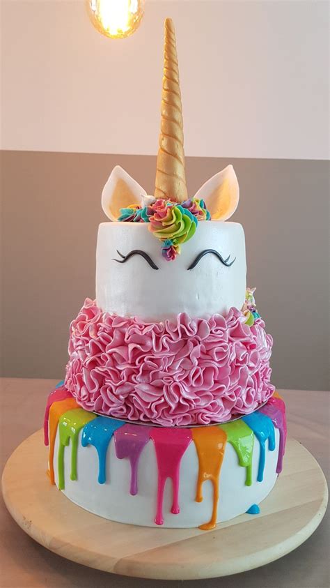 To make this cake first i had to build a structure. Unicorn birthday cake. Rainbow drip, pink ruffle, unicorn ...