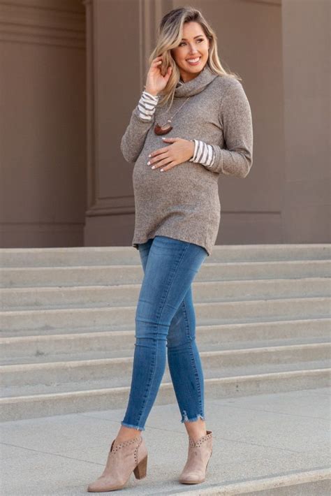 Mocha Striped Cowl Neck Knit Top Winter Maternity Outfits Maternity Sweater Stylish Maternity