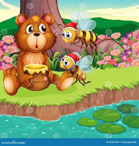 Bear Bees Honey Vector Illustration Pink And Blue Trees Cloud Rainbow