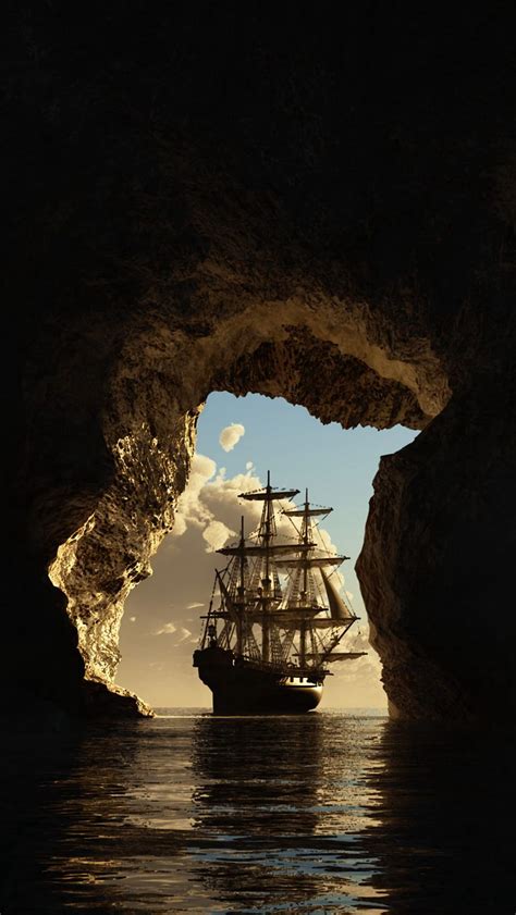 Download Wallpaper 800x1420 Cave Ship Sea Art Dark