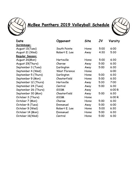 Schedule Volleyball Jv Mcbee High School