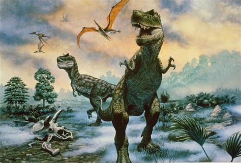 An Artists Rendering Of Dinosaurs In The Snow