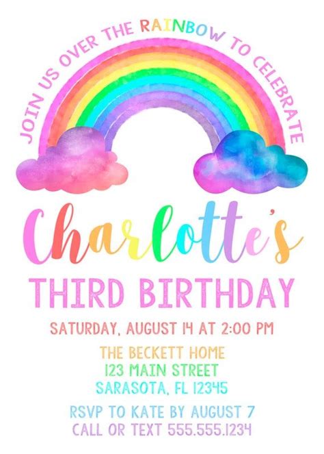 A Rainbow Birthday Party Card With The Words Charlottes Third Birthday