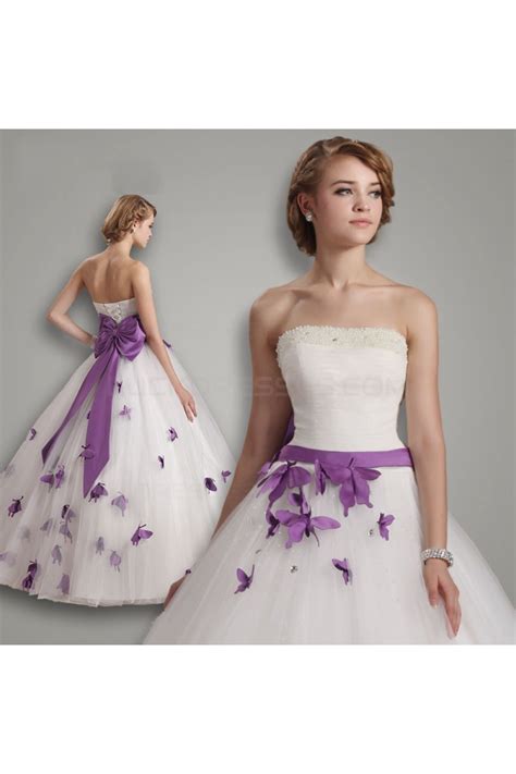 Purple and white wedding, lanterns, aisle decorations www.aubreymarieblog.com. Ball Gown Strapless Purple White Wedding Dresses Bridal ...