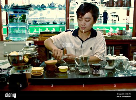 Beijing China Interior Tea Store Young Adult Pouring Performing