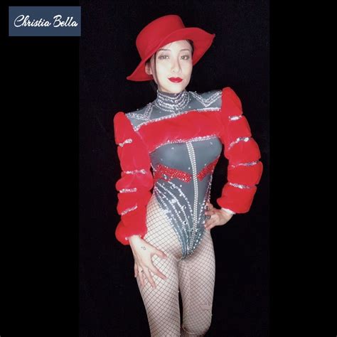 Christia Bella Sexy Rhinestone Jumpsuits Women Party Bodysuit With Fur Nightclub Singer Dancer