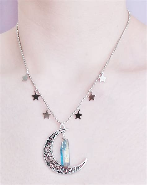 Crescent Moon Crystal Necklace Moon Necklace Crystal Point Etsy