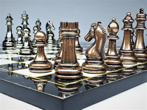 Unique Chess Set With Metal Pieces And Marble Patterned Wooden Etsy