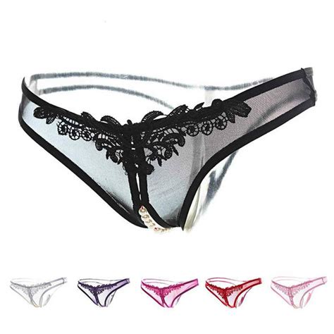 Womens Sexy Lace Crotchless Panties Open Crotch Thong With Pearls Massaging Beads Girls Erotic