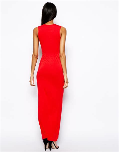 Asos Sleeveless Maxi Dress With Deep Plunge In Red Lyst