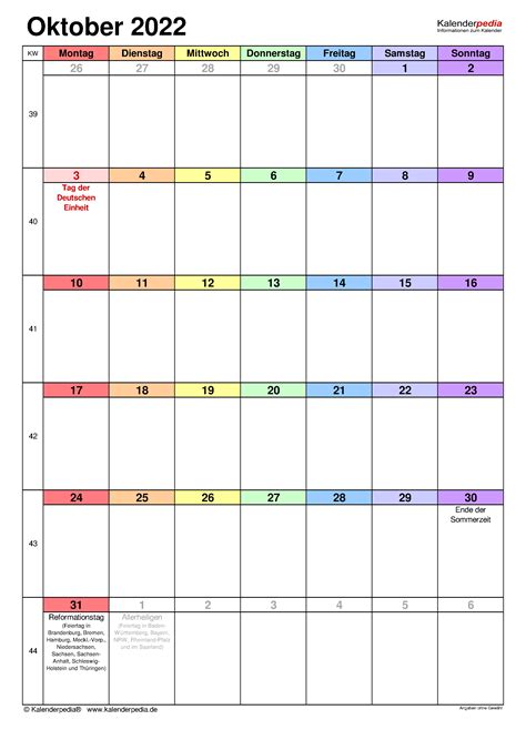 Kalender Oktober 2022 Als Excel Vorlagen