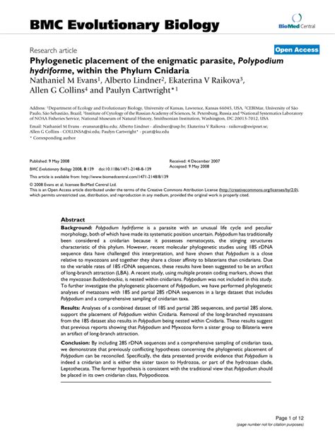 Pdf Phylogenetic Placement Of The Enigmatic Parasite Polypodium