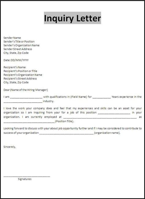It acts as a catalyst for the recipients to release information on the inquired topics to the benefit of the sender. Inquiry Letter Template | Business letter format, Business ...
