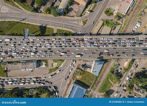 Transport Aerials Top Down View Of Freeway Busy City Rush Hour Heavy