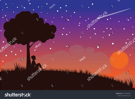 Silhouette Lonely Boy Starry Night Stock Vector Royalty Free