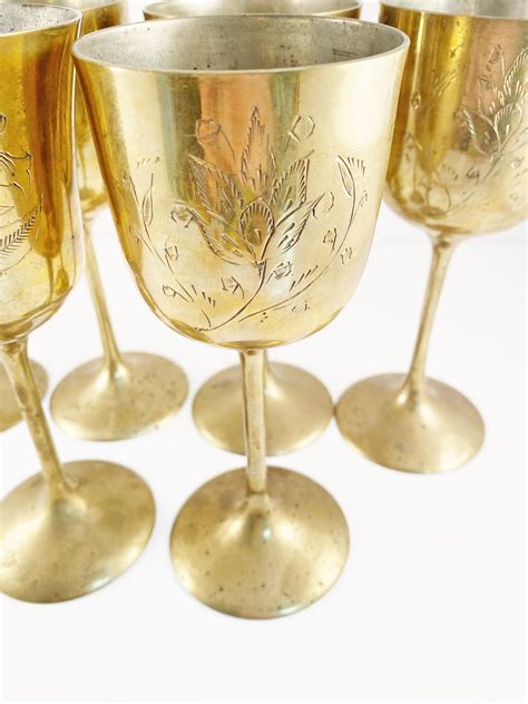 Set Of Six Vintage Saudi Arabian Etched Brass Wine Glasses Etsy