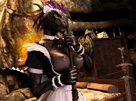 Rule 34 3d Anthro Argonian Female Lifts Her Tail Maid Uniform Muetank