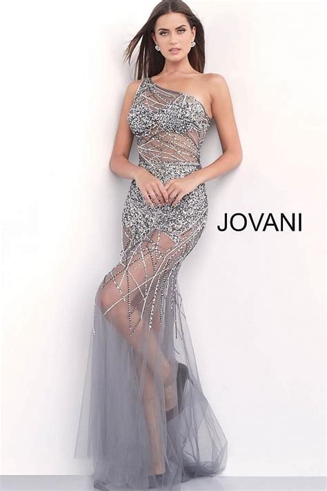 Jovani One Shoulder Strap Prom Dress Sheer Embellished Evening