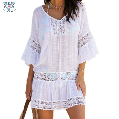 2019 Summer Beach Cotton Cover Ups Women White Hollow Out Beach Dress V