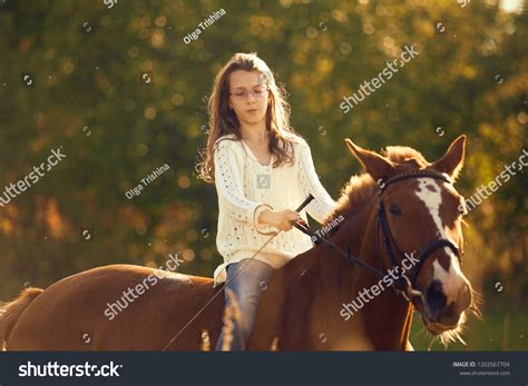 Young Girl Sitting Astride Sorrel Horse Stock Photo 1202567704