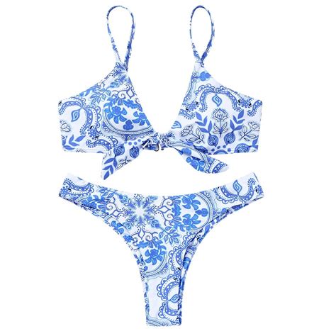 2019 Swimwear Women Porcelain Print Knotted Swimsuit Sexy Push Up Micro