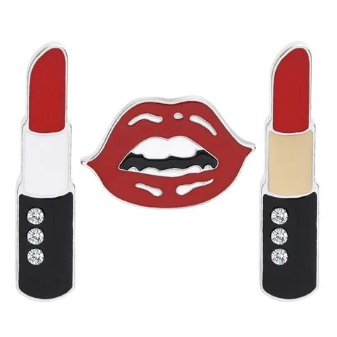 cartoon cute lipstick and sexy red lip brooch enameled metal brooches pins for women jackets
