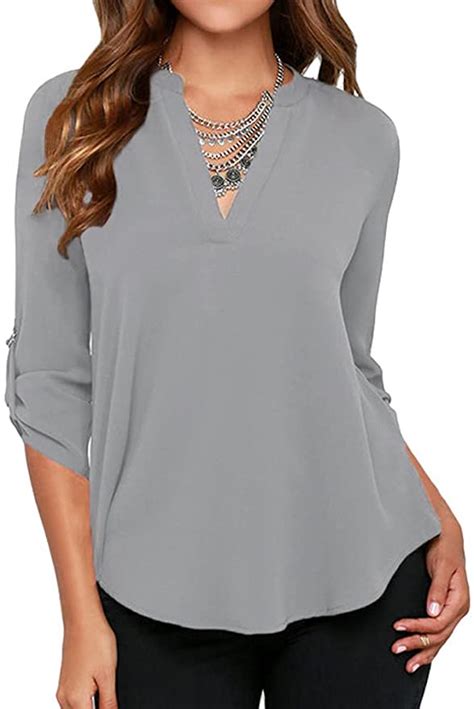 Roswear Women S Casual V Neck Cuffed Sleeves Solid Chiffon Blouse Top Grey Xl At Amazon Wome