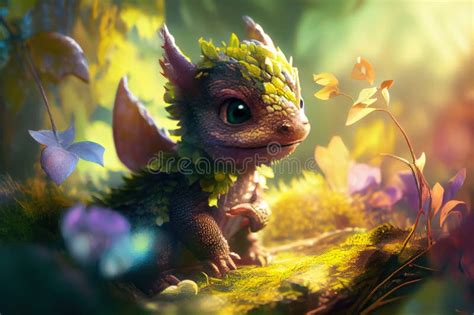 Cute Baby Dragon In Forest Stock Illustration Illustration Of Small