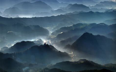 Nature Landscape Sunrise Mist Sun Rays Blue Mountain Forest