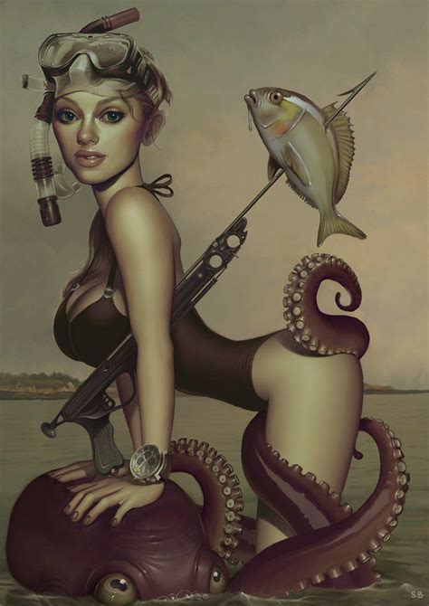 Hot Pin Up Girl Diver Design Digital Art Photoshop Cute Octopus Sea