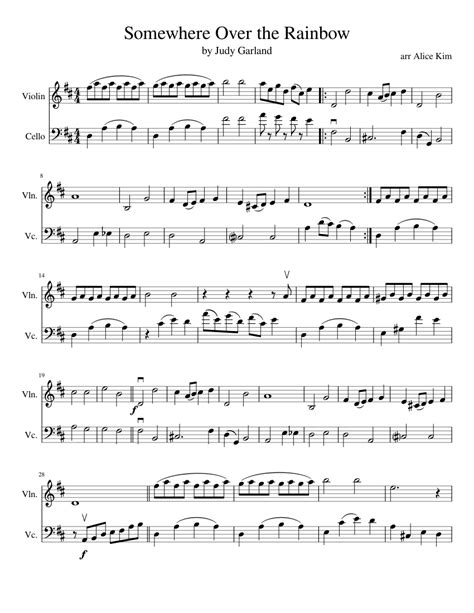 Somewhere Over The Rainbow Sheet Music For Violin Cello String Duet