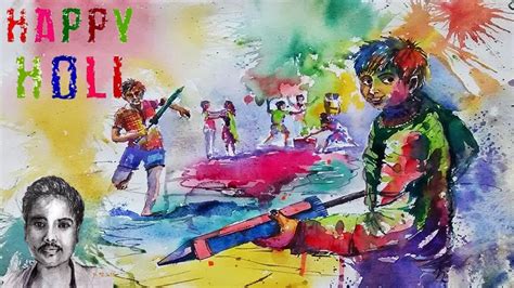 Happy Holi Festival Drawing Holi Scene Draw With Watercolor Painting