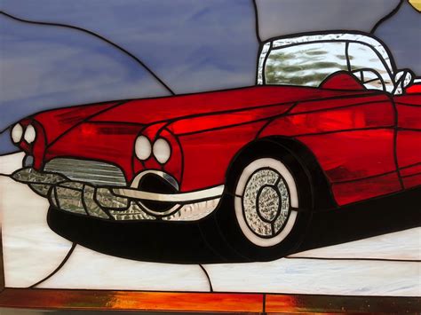 Classic Red Corvette Stained Glass Window Panel