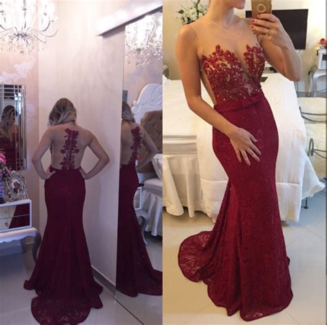 Sexy Burgundy Prom Dress Mermaid Lace Evening Dress Sexy Open Back Mermaid Burgundy Lace