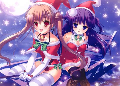 Girls Blue Eyes Brown Hair Christmas Cleavage Mikeou Moon Night Original Pink Chuchu Purple Hair