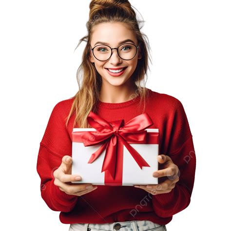 فتاة ترتدي قميصًا أحمر نظارات مضحكة في صندوق مفتوح مع هدية لمكان عيد الميلاد للإعلان هدية