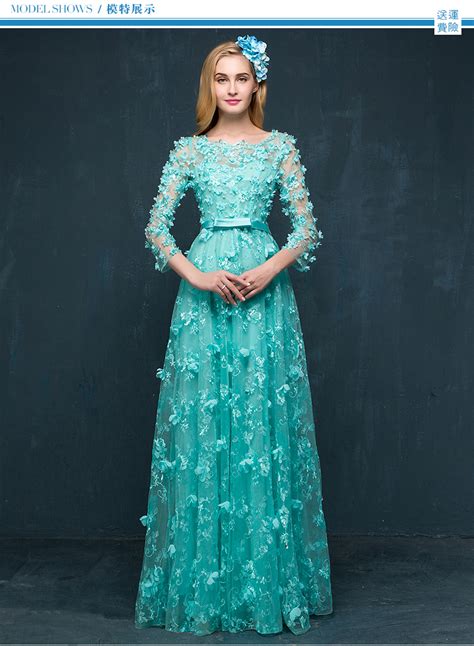 teal flower illusion tulle long sleeve lace special occasion dress long evening dress cheap prom