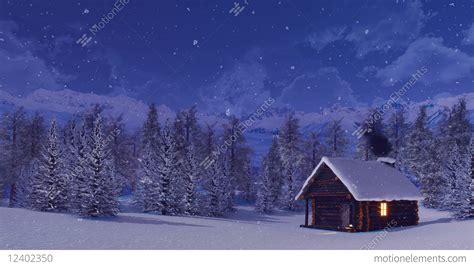 Snow Covered Mountain Hut At Snowfall Winter Night Stock