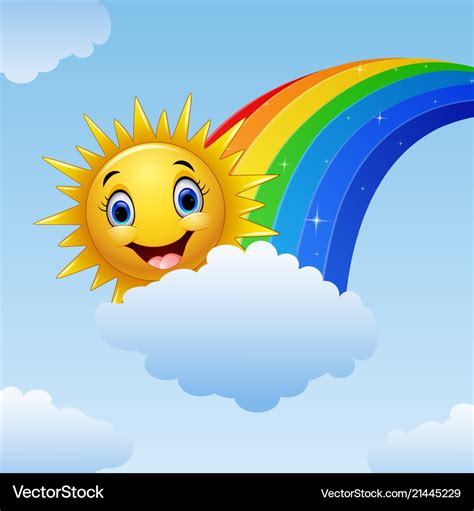 Smiling Sun Character Near The Rainbow And Clouds Vector Image