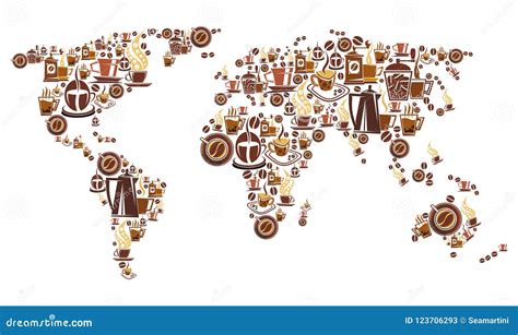 Coffee World Map With Continent Of Hot Drink Cup Stock Vector