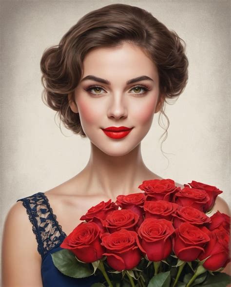 Premium Photo A Beautiful Woman Holding A Large Bouquet Of Red Roses