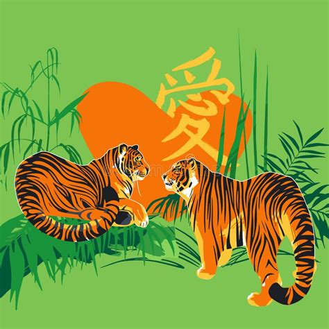 Two Tigers In Love Looking At Each Other Surrounded By Exotic Plants