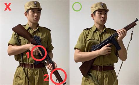 王聖霖 On Twitter 二戰時期持槍姿勢解讀① 圖片左側為常見錯誤例，右側為正確例。 ⭕️1處錯誤為手指搭在扳機環外，二戰時期沒有