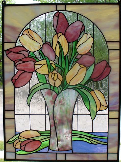 Feeling Like Spring A Beautiful Vase Of Pink And Yellow Of Tulips Stained Glass Flowers Glass